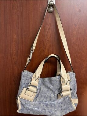 BE & D Blue Beige Belleville Satchel Zip Top Handle w/ Detachable Strap